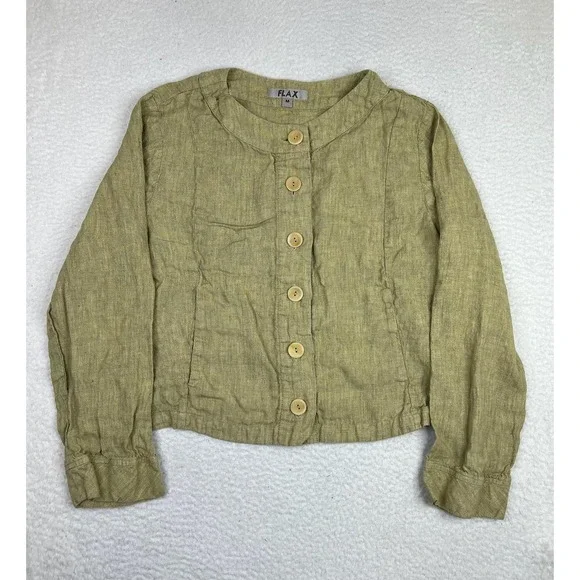 FLAX Blouse Womens Medium Green Linen Cropped Button Front Long Sleeve Top - Picture 1 of 8